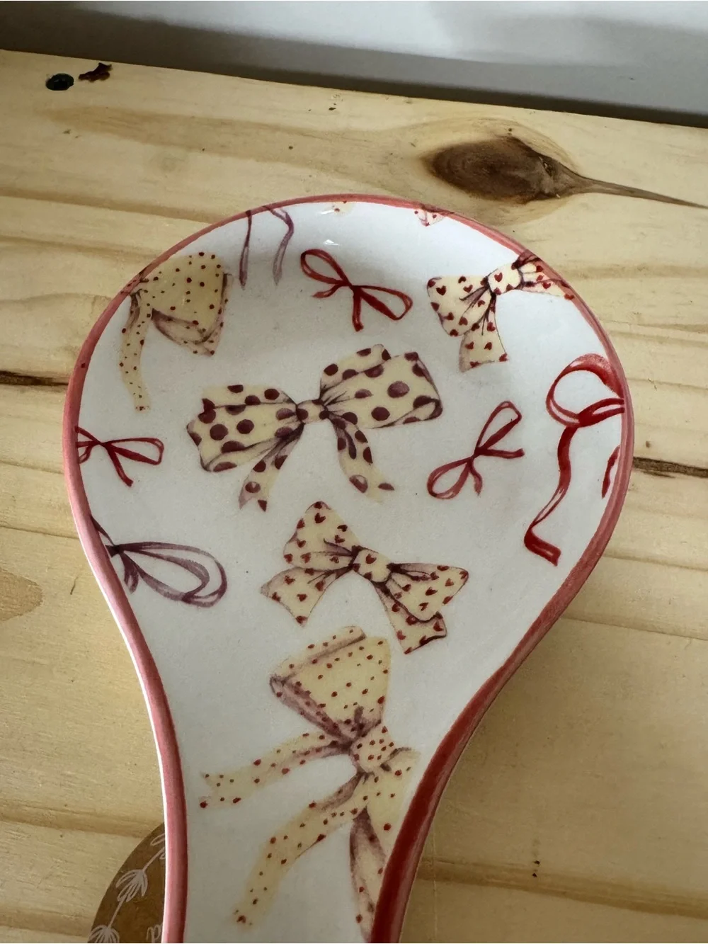Ceramic Spoon Rest with Bow Pattern - Pink Trim